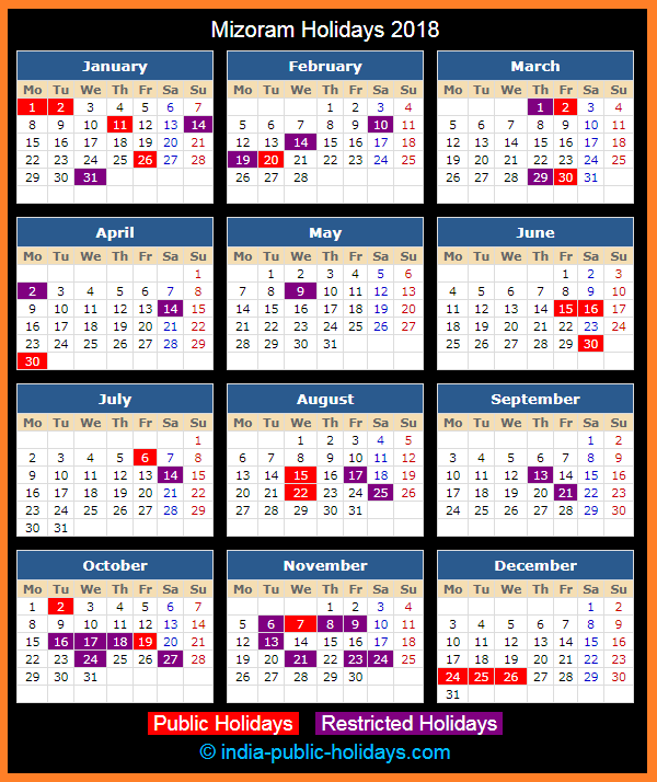 Mizoram Holiday Calendar 2018
